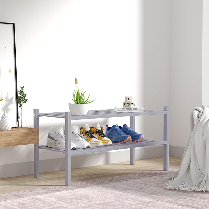 ROMGUAR CRAFT 2 Tier Bamboo Shoe Rack for Closet Free Standing Wood Shoe Shelf for Entryway Small Space Stackable 27"x11"x13"