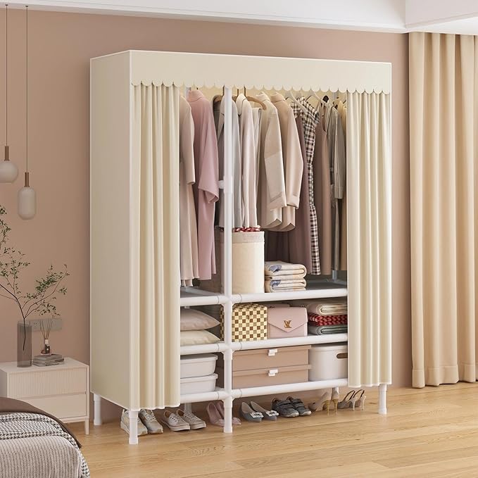 Portable Closet,Garment Rack,Heavy Duty Clothes Rack with Cover,Wardrobe Closet with 2 Hanging Rods, 6 Storage Shelves,43.3" 