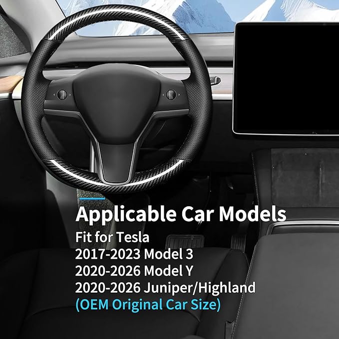 Hand Sewn Microfiber Leather Steering Wheel Cover, Stitch Steering Wheel Wrap Set for Original Tesla Model 3 2017-2023/Model Y 2020-2023 Juniper/Highland Accessories (B Carbon Fiber)
