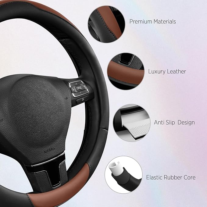 Road Comforts Steering Wheel Cover, Breathable Anti-Slip Leather Steering Wheel Cover, Universal Fit 14.5–15 Inch, Comfortabl