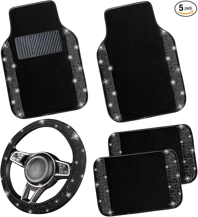 NBTEPEM Bling Car Floor Mats Full Set and Steering Wheel Cover, Universal Fit Most Cars, 4 pcs Sparkle Glitter Diamond Carpet, 5 pcs Bling Car Accessories Set for Women (Black Diamond)