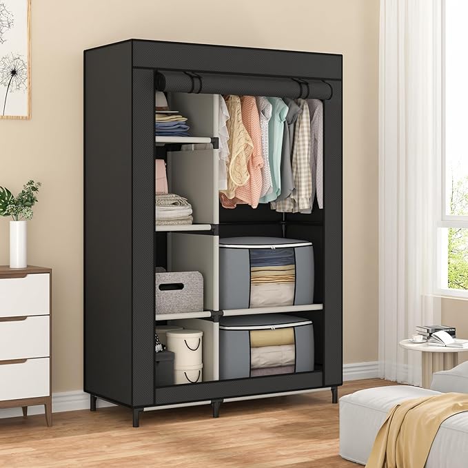 Calmootey Portable Closet, Wardrobe with 6 Shelves and Hanging Rod, Storage Organizer for Bedroom, Non-Woven Fabric Cover wit
