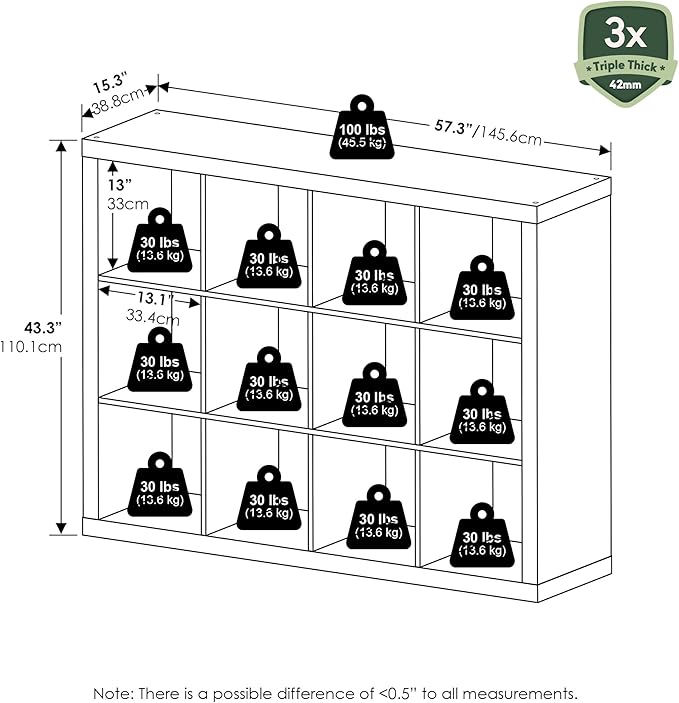 Furinno Cubicle Book Shelf, 12-Cube Bookshelf, Triple Thick Frame Cube Storage Organizer, 1.65" Thick Bookcase, 15.4" x 57.4"