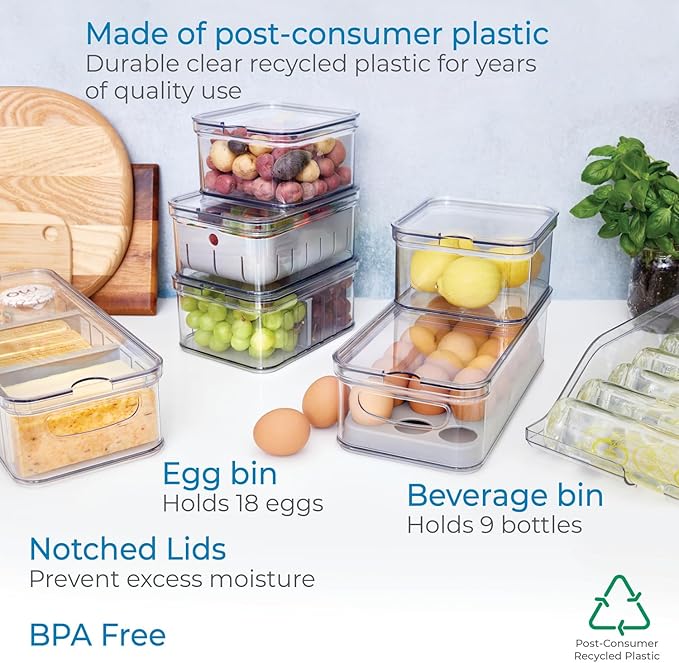 iDesign Crisp 7-Piece Recycled Plastic Refrigerator Organizer Bin Set with Lids, Clear/Gray