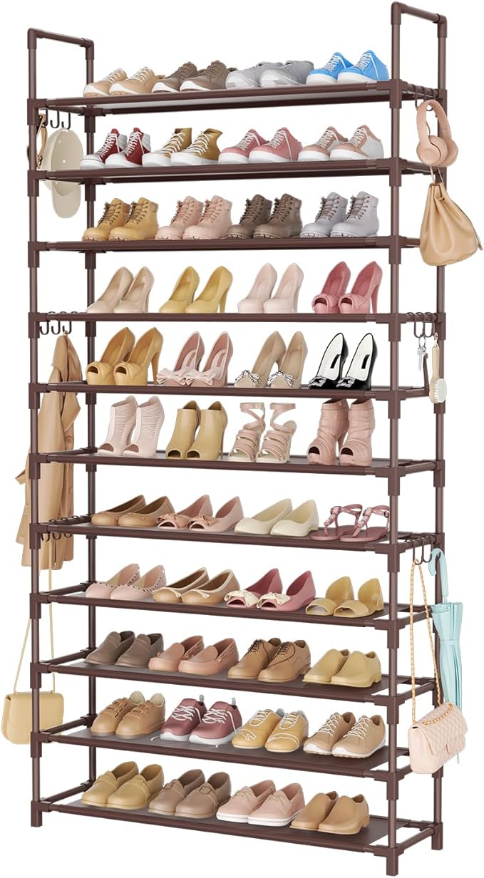 LANTEFUL 11 Tiers Tall Shoe Rack Holds 55 Pairs of Shoes with 18pcs Hooks Sturdy Wide Shoe Organizer Storage Free Standing Me