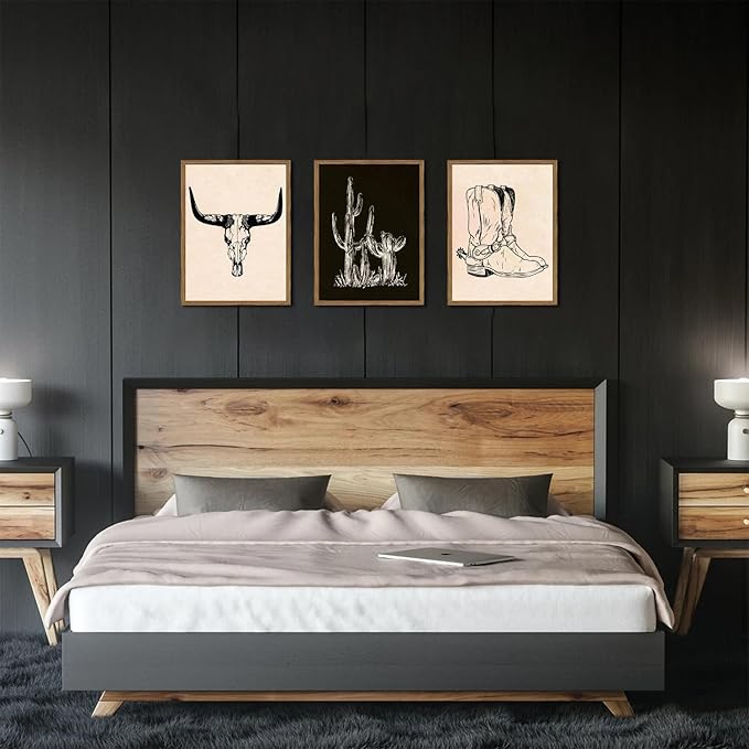 Vintage Western Wall Art Set of 3, Southwestern Cowboy Wall Decor Paintings, Black and White Longhorn Bull Skull Canvas Print