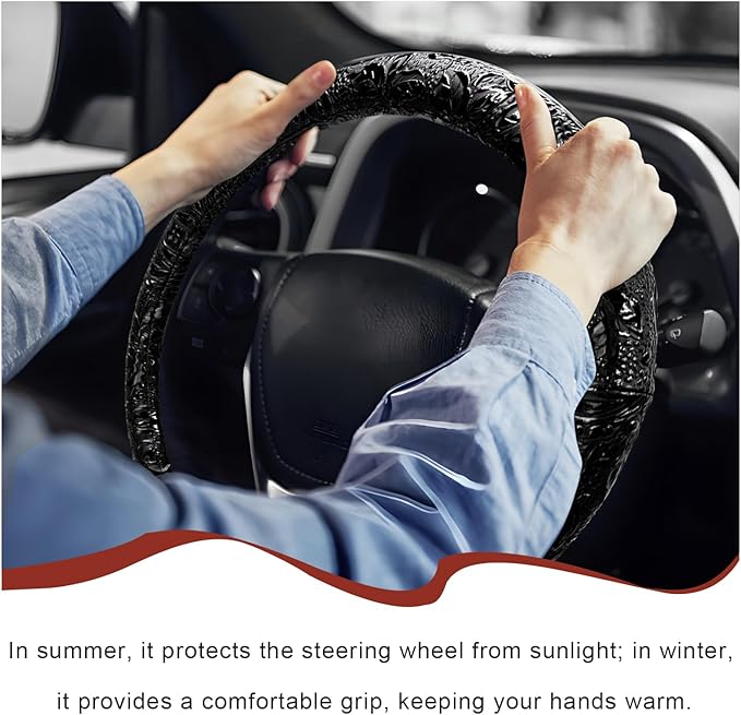 Sun Walker Leather Car Steering Wheel Cover, 15" Anti-Slip Crocodile Pattern Wheel Protector with Rose Grain, Comfortable Gri