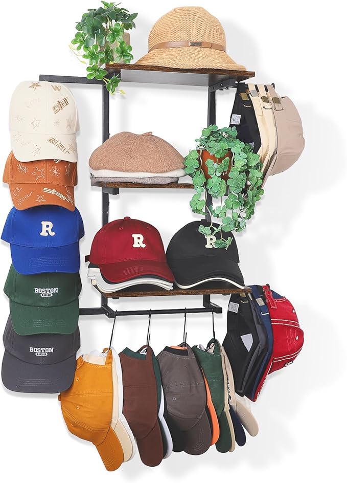 Keebofly Hat Rack for Wall with Shelf, Hat Holder Organizer for 100+ Caps Bennies,Hat Storage with Perfumes & Cosmetics Displ