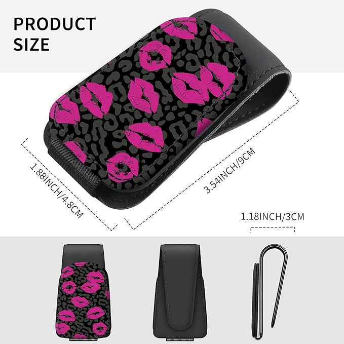 Sunglasses Holder for Car Visor, PU Leather Glasses Clip Organizer, Cute Magnetic Eyeglass Holder for Vehicle Sun Visor, Car Interior Accessory for Women & Men Hot Pink Lips Leopard