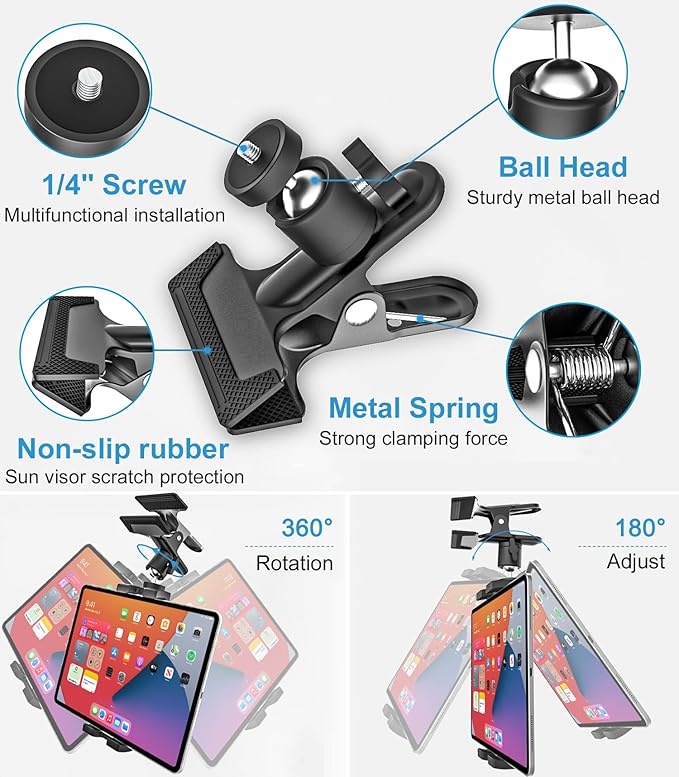 GDZN Car Sun Visor Tablet Mount, [Metal Clip] Multi Functional Tablet Holder for Car Visor, 360° Adjustable Steering Wheel iPad Clamp for iPad Pro, Air Mini, Galaxy Tab, iPhone, 4.7-113" Device