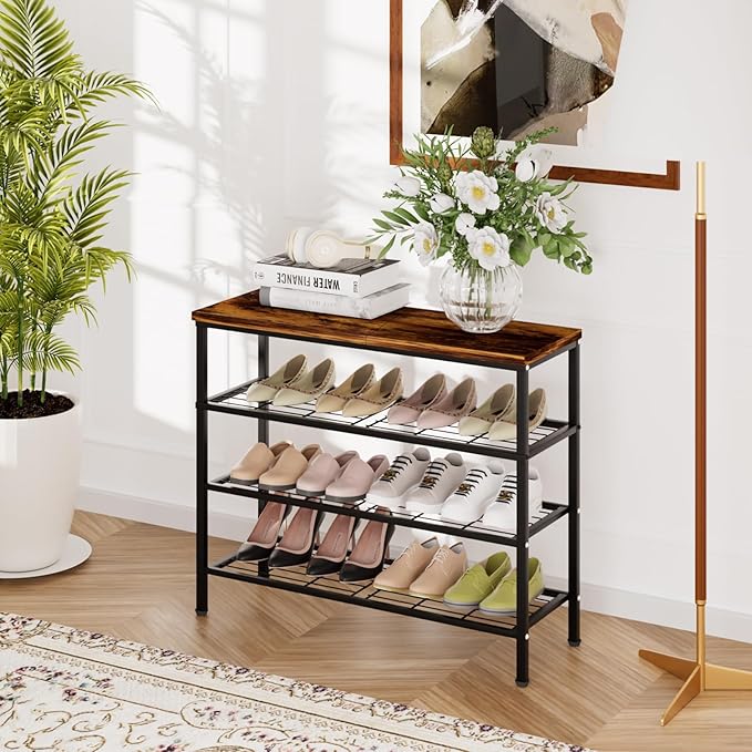 4-Tier Metal Shoe Rack with Wood Top - Durable & Space-Saving Shoe Organizer,Industrial Shoe Organizer Shelf Bench Storagefor