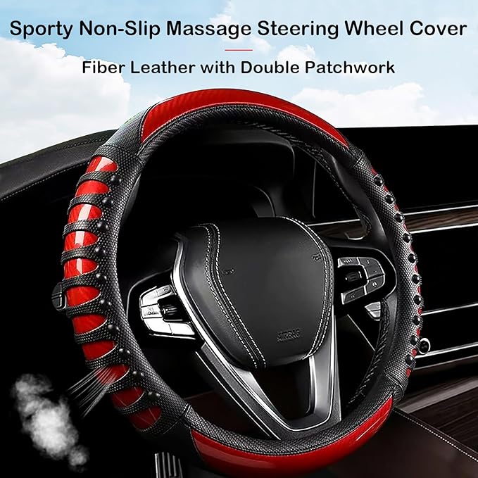 3D Massage Red Carbon Fiber Leather Steering Wheel Cover, 14.5-15 Inch Non-Slip Breathable Microfiber Car Steering Wheel Prot