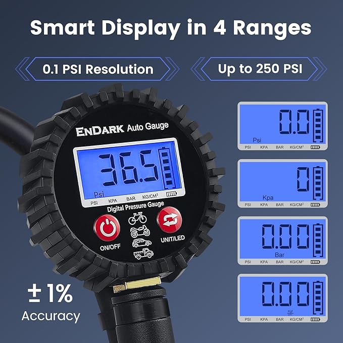 Digital Tire Pressure Gauge with Inflator: ENDARK 250 PSI Air Compressor Attachment Inflation Gun with Heavy Duty 360° Air Chuck & Extended Hose and Quick Connect Coupler