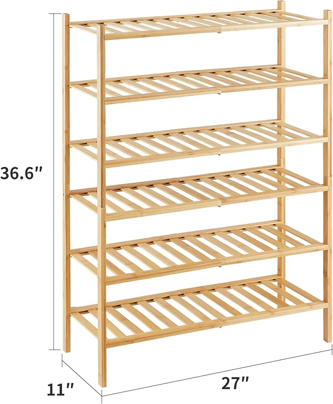 6-Tier Bamboo Shoe Rack for Entryway, Stackable | Heavy Duty | Multi-Function, Free Standing Shoe Racks for Bedroom Hallway C