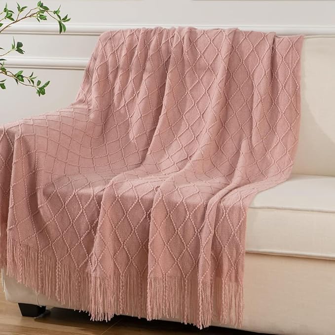 BATTILO HOME Blush Throw Blanket with Tassels, Pink Knit Blanket for Home Decor, Boho Style Textured Knitted Decorative Twin 