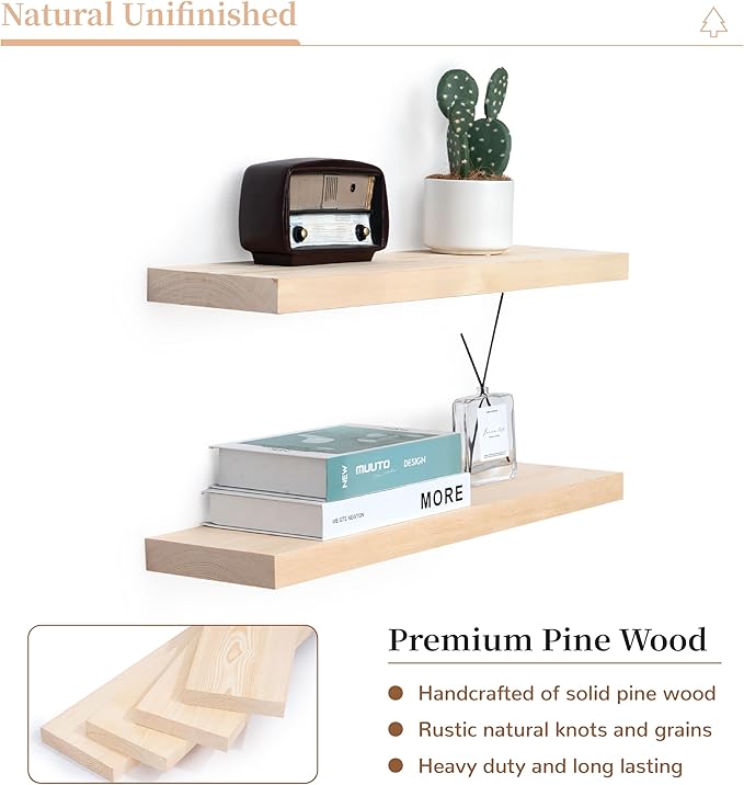 Marsmiles Natural Wood Floating Shelves | 24 Inch Unfinished Wood Wall Shelves Set of 2 | 24" W x 6.7" D Rustic Wooden Shelve