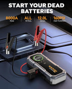 Car Battery Jump Starter with Air Compressor 8000A 160PSI, Car Jumper Starter Portable (All Gas/10L Diesel), Jump Starter