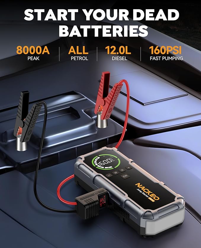 Car Battery Jump Starter with Air Compressor 8000A 160PSI, Car Jumper Starter Portable (All Gas/10L Diesel), Jump Starter