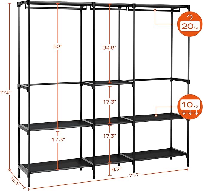 CASAMAYA Clothes Rack, Portable Closet, 71.7 Inch Large Capacity Wardrobe Closet, Clothes Storage Organizer with Shelves and 