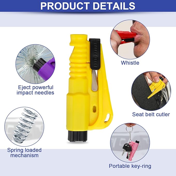 PIFOOG Pack of 8 Window Breaker Seatbelt Cutter Keychain 3-in-1 Car Escape Tool Mini Glass Breaker Seat Belt Cutters Survival