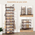 VTRIN 10 Tiers Tall Shoe Rack Holds 20-25 Pairs of Shoes Sturdy Vertical Shoe Organizer with 18pcs Hooks Stackable Narrow Sho