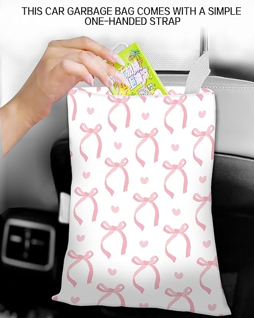 Car Trash Can, Durable Hanging Car Trash Garbage Bag, Cute Automotive Garbage Cans Organizer, Cute Pink Bow