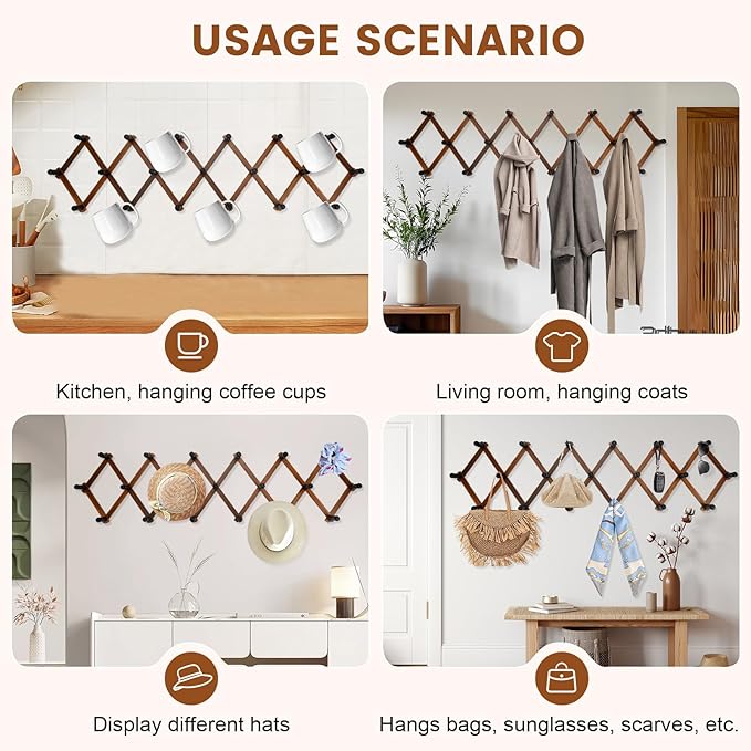 Accordion Wall Hanger, Wood Expandable Wall Mounted Hanger with 19 Hooks for Coats,Hats,Coffee Mug Ect,19Pegs, Walnut Color,R