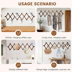 Accordion Wall Hanger, Wood Expandable Wall Mounted Hanger with 19 Hooks for Coats,Hats,Coffee Mug Ect,19Pegs, Walnut Color,R