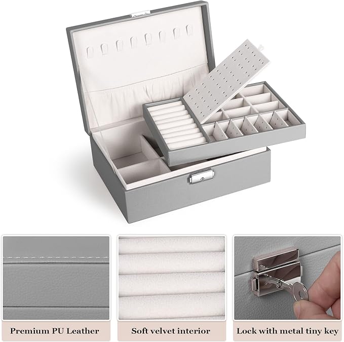 Jewelry Box for Women Girls, 2 Layers Jewelry Organizer Container with Lock, PU Leather Storage Case with Removable Tray, Jew