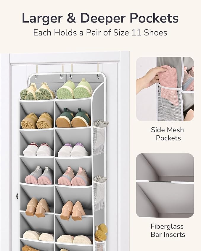ULG Over The Door Shoe Organizer with 16 Large Pockets, Hanging Shoe Rack for Closet Door, Space Saving Shoe Storage for Boot