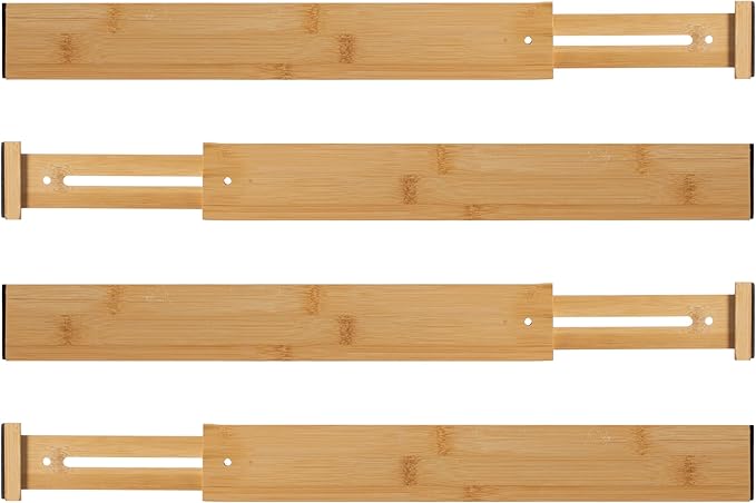 Basicwise 4 Piece Bamboo Expandable Drawer Dividers Adjustable Spring Loaded Organizers for Kitchen Utensils Clothes and Make