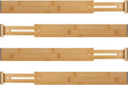 Basicwise 4 Piece Bamboo Expandable Drawer Dividers Adjustable Spring Loaded Organizers for Kitchen Utensils Clothes and Make