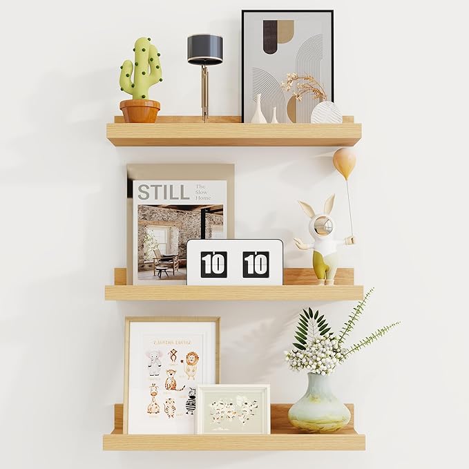 Axeman Picture Ledge Shelf | 16 Inch Oak Floating Shelves Set of 3 | Rustic Wood Wall Shelves with Lip | 16" Oak Picture Shel