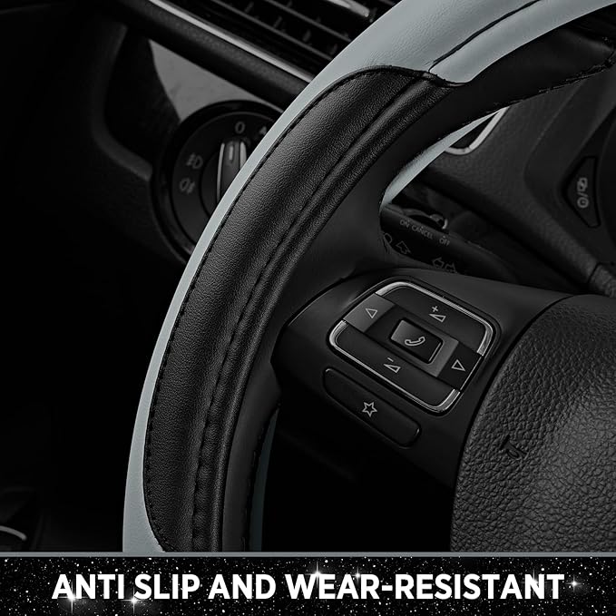 Road Comforts Leather Steering Wheel Cover - Made with PVC Leather - Anti-Slip, Universal Fit 14 1/2 inches to 15 inches - Gr