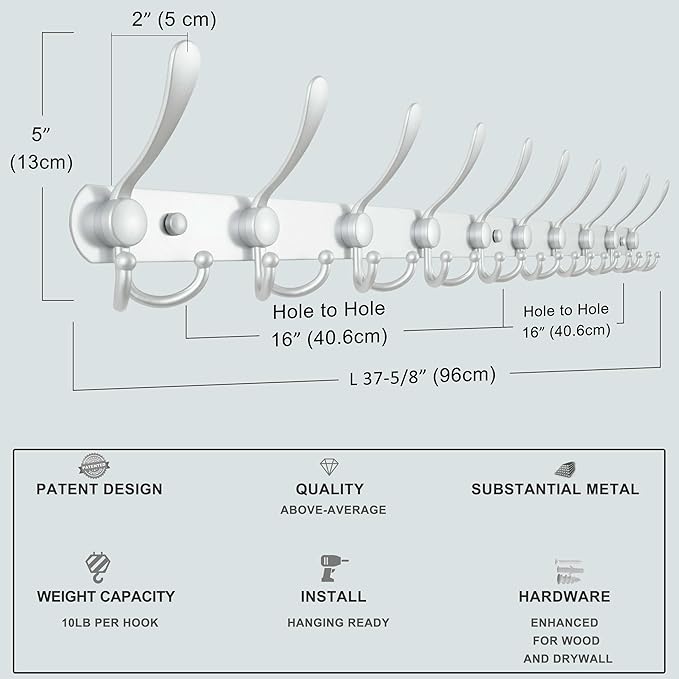 Dseap Coat Rack Wall Mount - 38” Long 10-Tri-Hooks Heavy Duty Coat Hanger Rail Wall Hooks for Hanging Coats Hats Clothing Clo