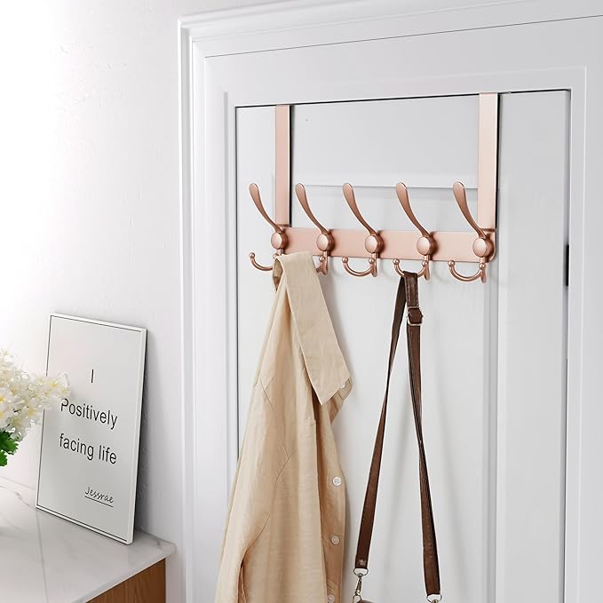 Dseap Over The Door Hook Hanger - Fits 1 3/8" to 1 3/4" Standard Doors | 5 Tri Hooks Heavy Duty Towel/Coat Rack | Door Organi