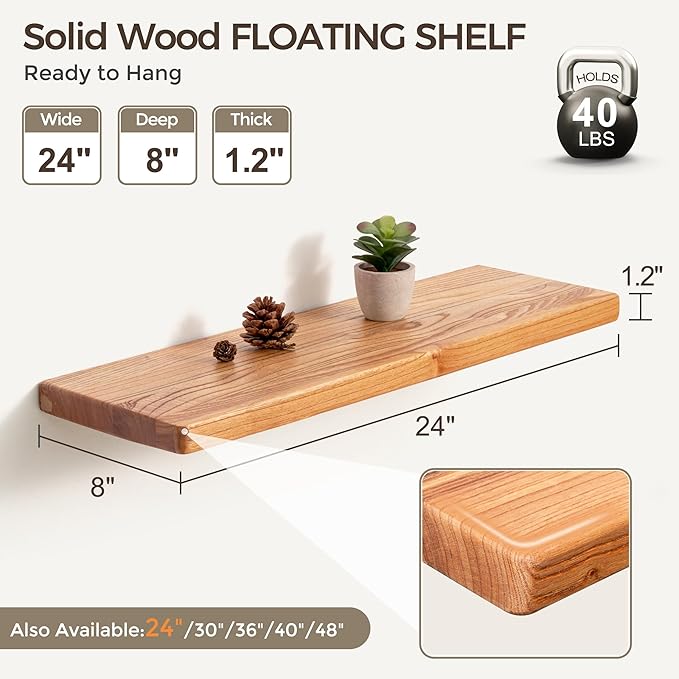 Fun Memories 24 Inch Floating Shelves, Rustic Solid Wood Wall Shelves Set of 2, 8 Inch Deep Floating Shelf for Bathroom, Bedr