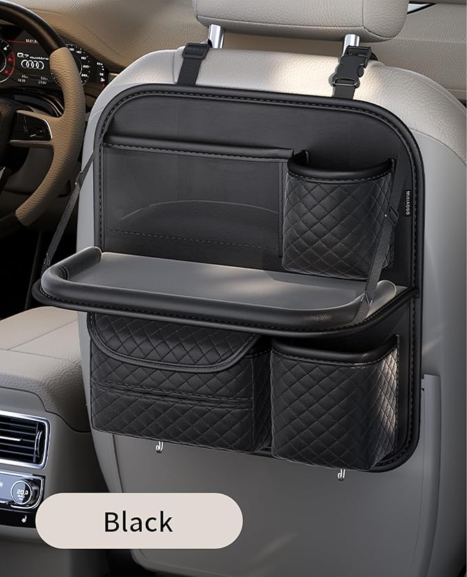 Leather Backseat Car Organizer with Foldable Table Tray & Cup Holder - Car Backseat Organizer for Kids, Women, Road Trip Essentials for SUVs, Trucks and Cars (Black)