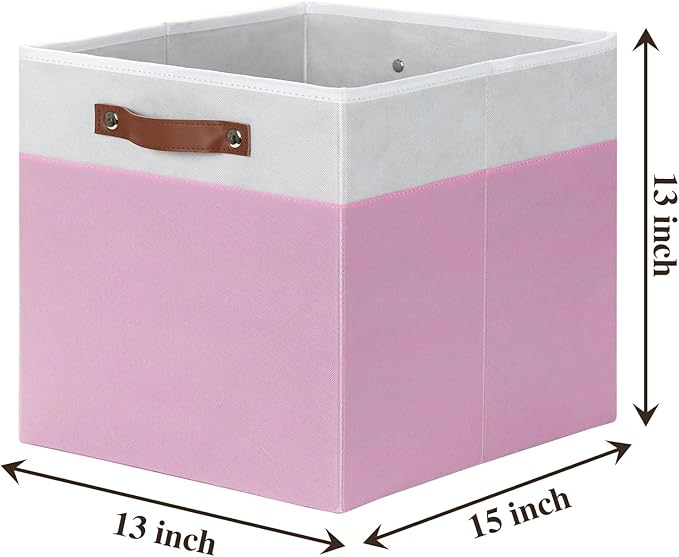Temary Foldable Cube Baskets 4Pack - Clothes Shelf Storage with Handles, Fabric Storage Organizer Bins (White&Pink, 13x15x13 