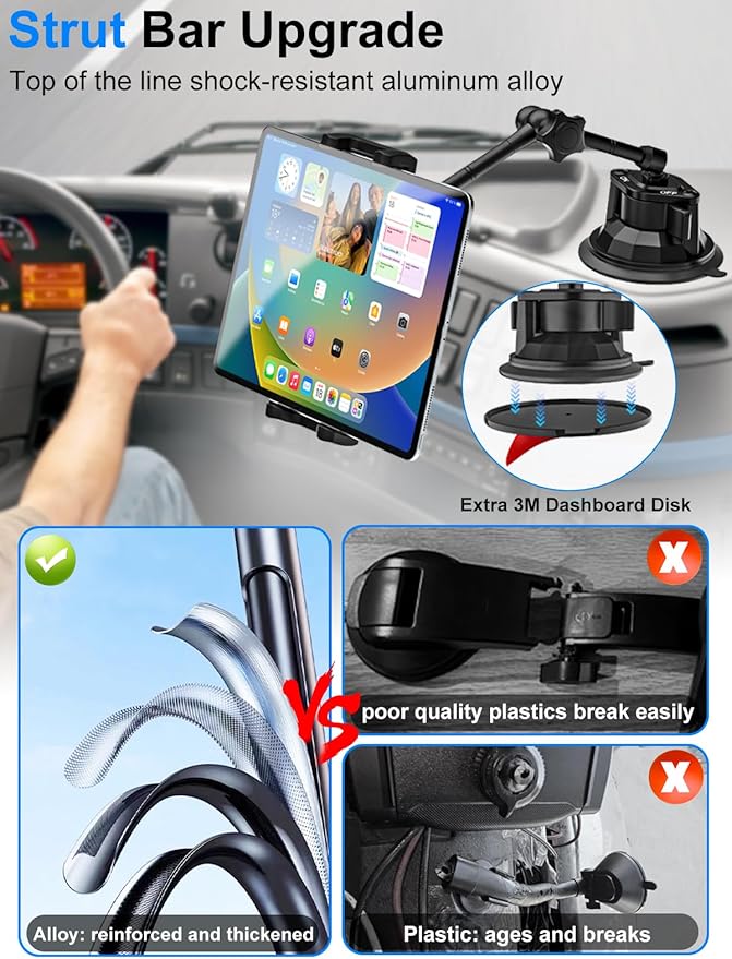 Tablet Holder for Car Dashboard Windshield, [Super Suction Cup] for iPad Car Mount, Truck Heavy Duty Tablet Mount for iPad Pro 12.9 Air Mini, Galaxy Tab, All 4-12.9" Tablets and Phones