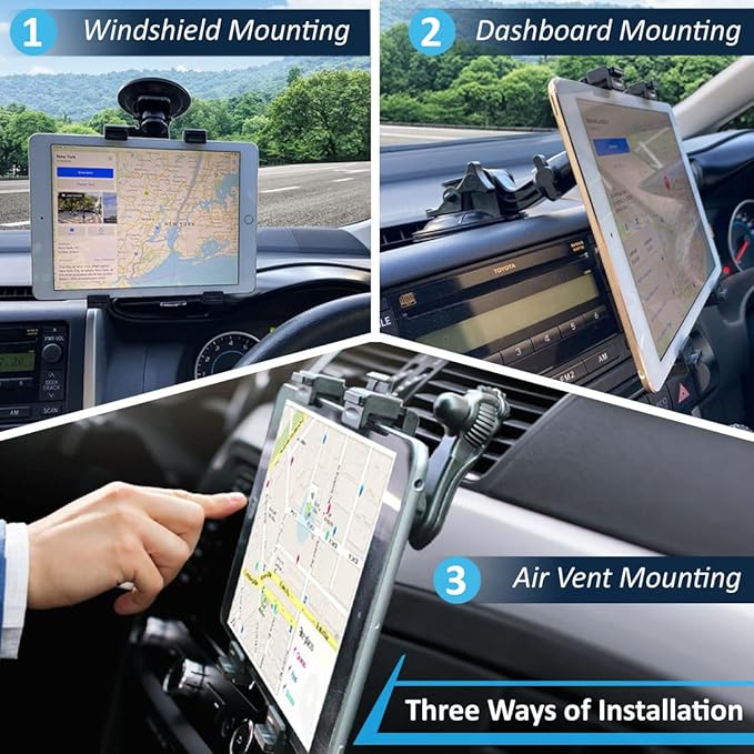 Randconcept 3-in-1 Heavy Duty Dashboard Tablet Holder for Car, Windshield Suction Cup Car Mount & Air Vent Mount for Truck Car for iPad Pro, iPad mini, Galaxy Tab for All iPad 6"- 12.9" Tablets