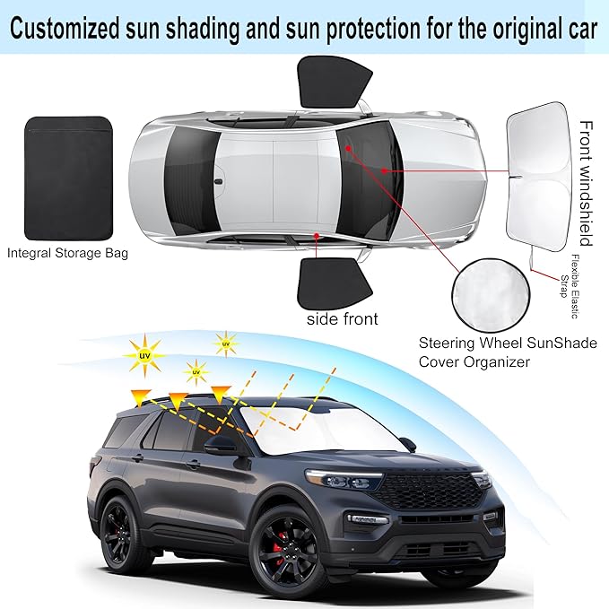 3PCS Car Window Shades Front Windshield Sun Shade Foldable Window Shade Custom Fit for 2020-2024 Fo-rd Explorer Accessories Car Shades for Front Windows Anti-UV Rays Block Heat