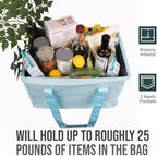 Extra Large Utility Tote Bag - Oversized Collapsible Tote with Wire Frame, Durable Reusable for Beach, Groceries, Laundry, Car Trunk, Storage and Travel - Includes 5x7 Bag with Hook - Light Blue