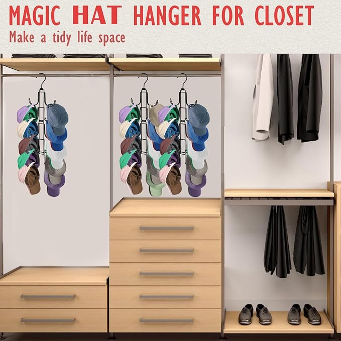 Hat Organizer for Closet, Collapsible Caps Rack with 10 Rotatable Large Hooks, Holds Up to 40 Baseball Caps, Metal Space Savi