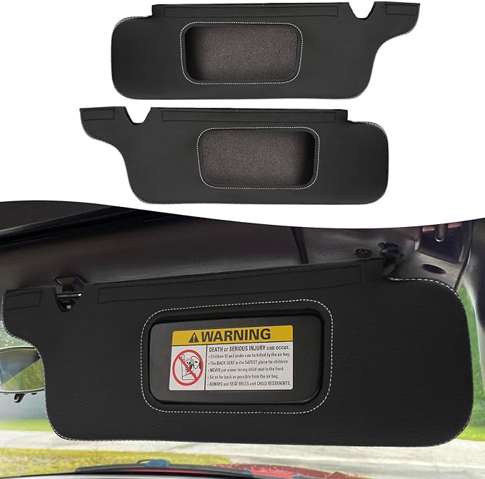 KBH Sun Visor Cover Protector for Ford Mustang 1994 1995 1996 1997 1998 1999 2000 2001 2002 2003 2004, Vinyl Leather, Left & Right Side, Anti-Scratch, Black-Gray Stitch