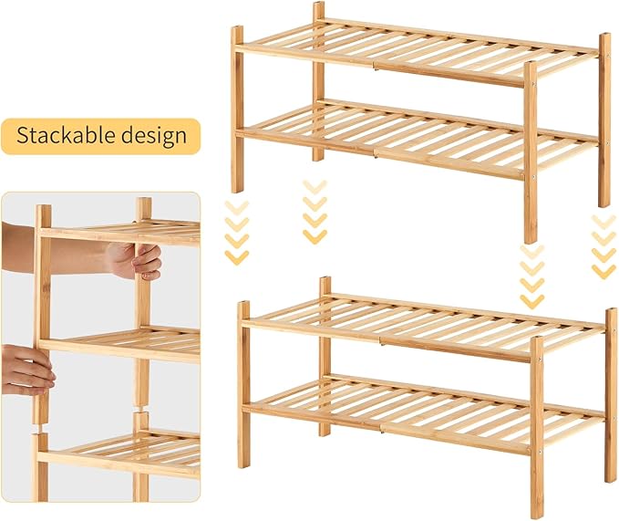 4-Tier Bamboo Shoe Rack for Entryway, Stackable | Heavy Duty | Multi-Function, Free Standing Shoe Racks for Bedroom Hallway C