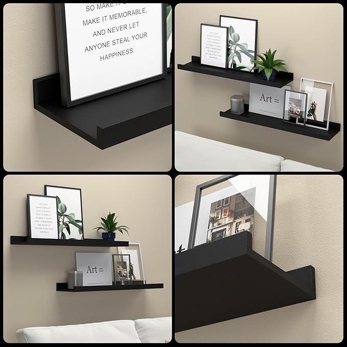 RICHER HOUSE 3 Set Floating Shelves for Wall, 16 inches Black Wall Mounted Shelves with Lip for Storage, Display Picture Ledg