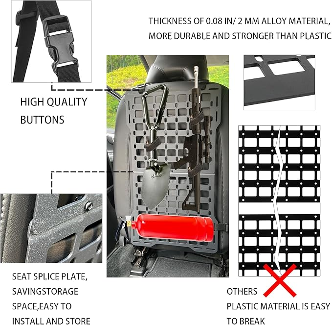 Metal Rigid Molle Panels for Vehicles Alloy Truck Mount Rack Panel Tactical Seat Back Organizer Adjustable Versatile Panel Stronger Than Plastic with 3 Pouches (Molle Panels 3 Detachable Pouches)