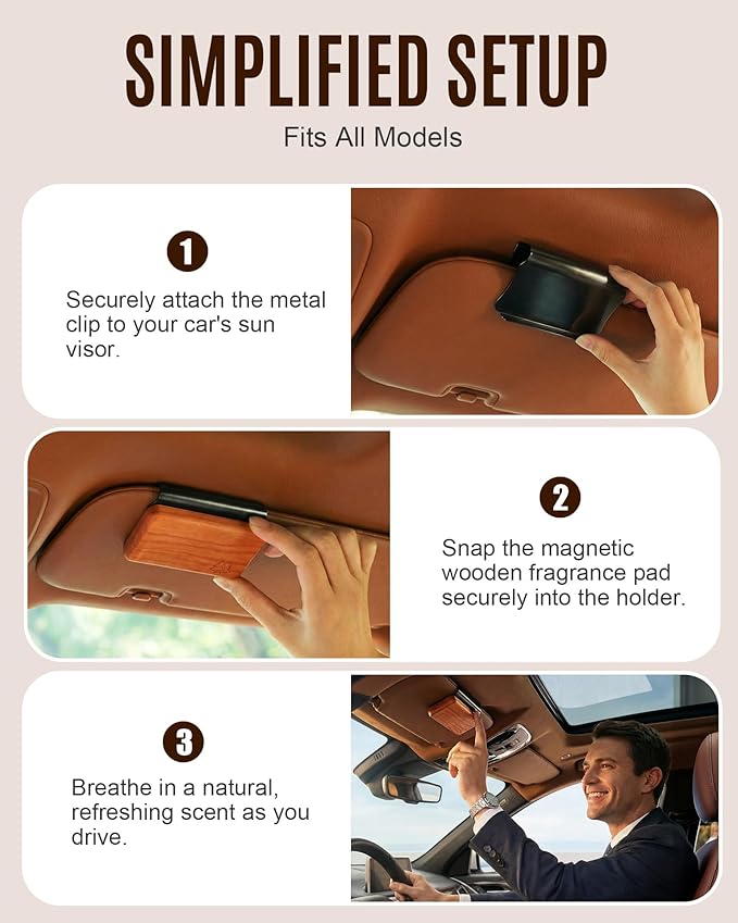 Natural Wooden Car Air Freshener for Visor Clip- Natural Teak/Coconut/Amber Scents, Long-Lasting Odor Eliminator with Metal C