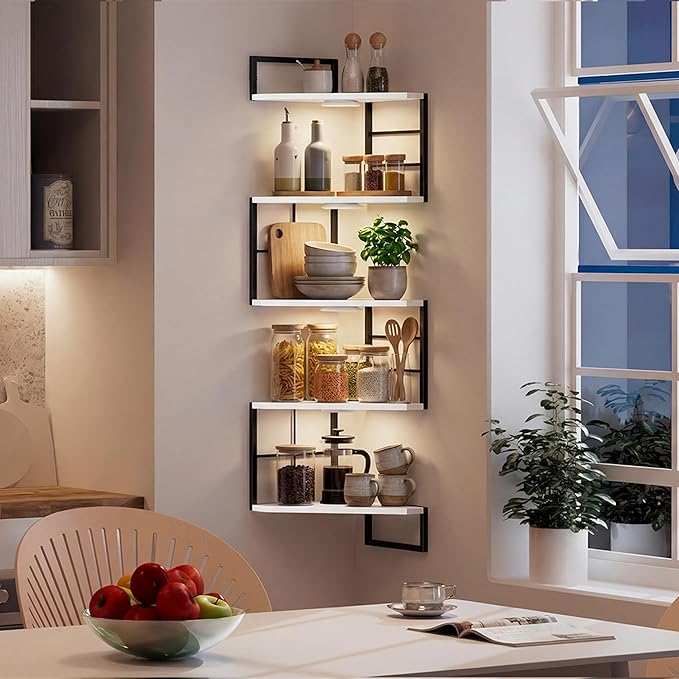 Corner Floating Shelves with Lights - 5 Tiers Corner Shelf Wall Mounted, Bookshelf with LED Light, Floating Shelves for Wall,